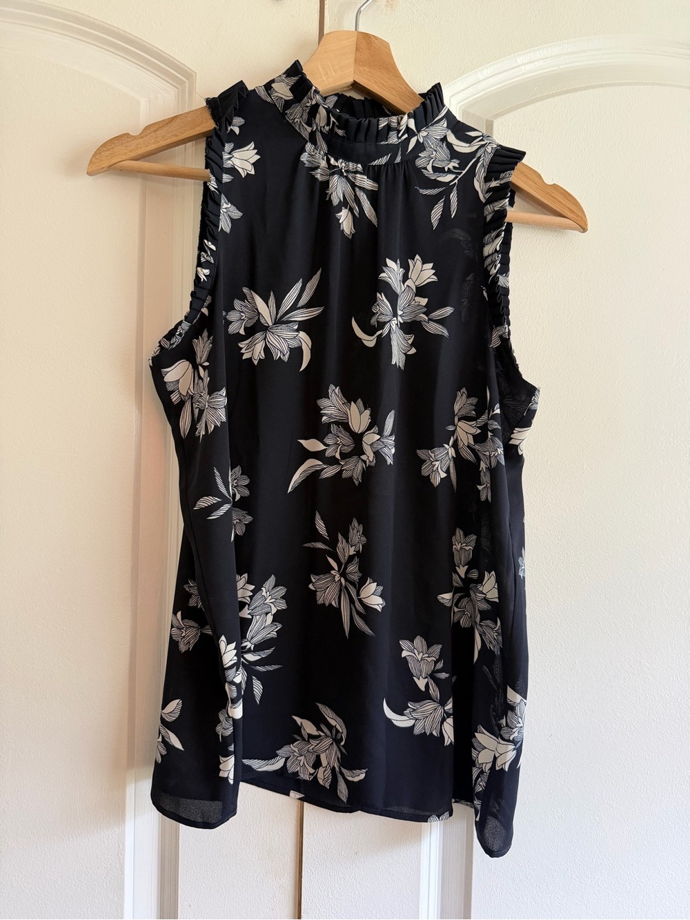 Ann Taylor Black Floral Ruffle Mock-Neck Sleeveless Top